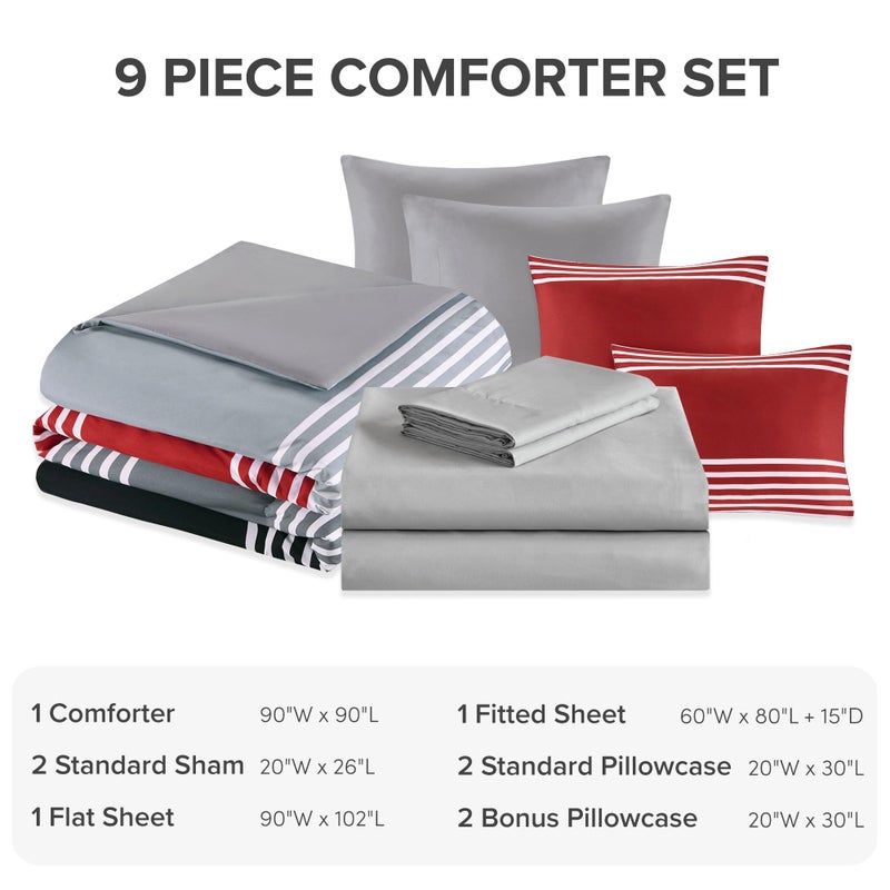 Comfort Spaces Queen Comforter Sets with Sheets - Bed in a Bag 9 Pieces Teen Bedding Sets Queen, Red and Grey Stripes Bedding Queen, College Queen Bed Set with 2 Side Pockets Bedroom Organizer - Image 5