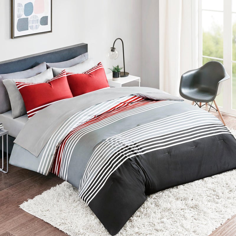 Comfort Spaces Queen Comforter Sets with Sheets - Bed in a Bag 9 Pieces Teen Bedding Sets Queen, Red and Grey Stripes Bedding Queen, College Queen Bed Set with 2 Side Pockets Bedroom Organizer - Image 1