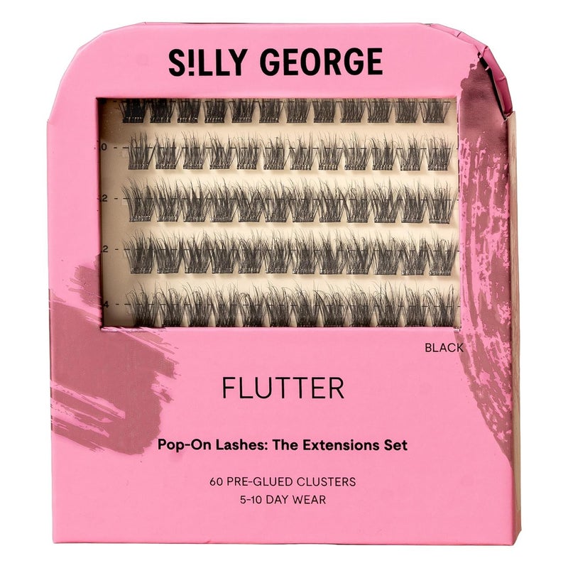 Silly George Pop-On Lashes - DIY 1-Step Pre-Glued Faux Eyelash Clusters, Natural Look Extensions, Black - Flutter, 5-7 Pair Set, Pack of 60 Clusters - Image 1