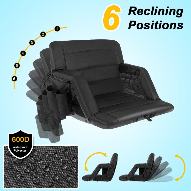 yeyeeyyee Stadium Seats with Back Support 2 Pack Wide, Exclusive Bleacher Chairs with Back and Cushion Folding Stadium Chairs, 6 Reclining Positions Waterproof Bleacher Seats (Wide|22.5" Black) - Image 3