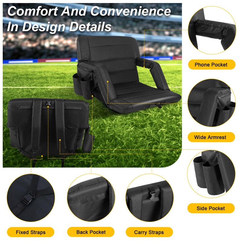 yeyeeyyee Stadium Seats with Back Support 2 Pack Wide, Exclusive Bleacher Chairs with Back and Cushion Folding Stadium Chairs, 6 Reclining Positions Waterproof Bleacher Seats (Wide|22.5" Black) - Image 5