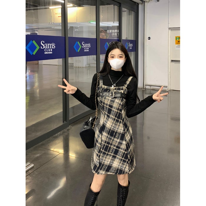 Plaid Stacked Strap dress Womens 2024 New Fall/Winter plus size chubby girl Inner Base Jacket Two-Piece Set Black backing