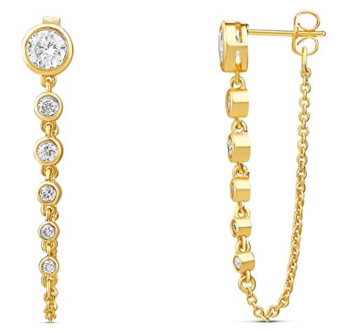 MILLA Dangle Earrings for Women - Cute Designer Earrings for Women Trendy Gold Chain Earrings & Sterling Silver Dangly Earrings (Round CZ / 14K Gold Plated) - Image 1