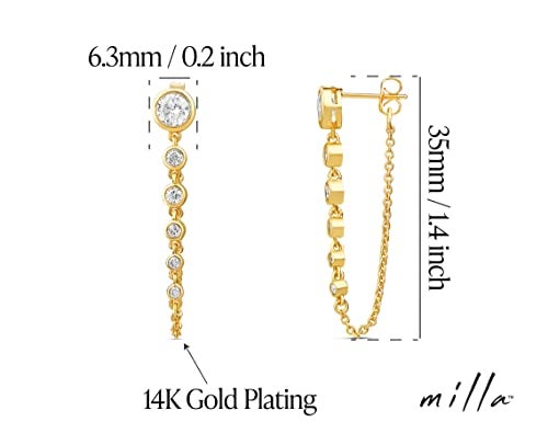 MILLA Dangle Earrings for Women - Cute Designer Earrings for Women Trendy Gold Chain Earrings & Sterling Silver Dangly Earrings (Round CZ / 14K Gold Plated) - Image 3