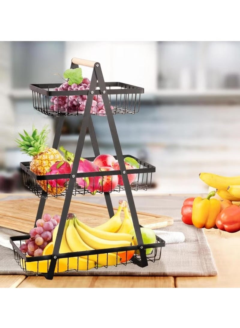 LIMOS 3-Tier Countertop Fruit & Vegetable Basket – Metal Storage Rack with Wooden Handle, Portable Bread & Snack Organizer Stand for Kitchen, Dining & Living Room (Black) - Image 1