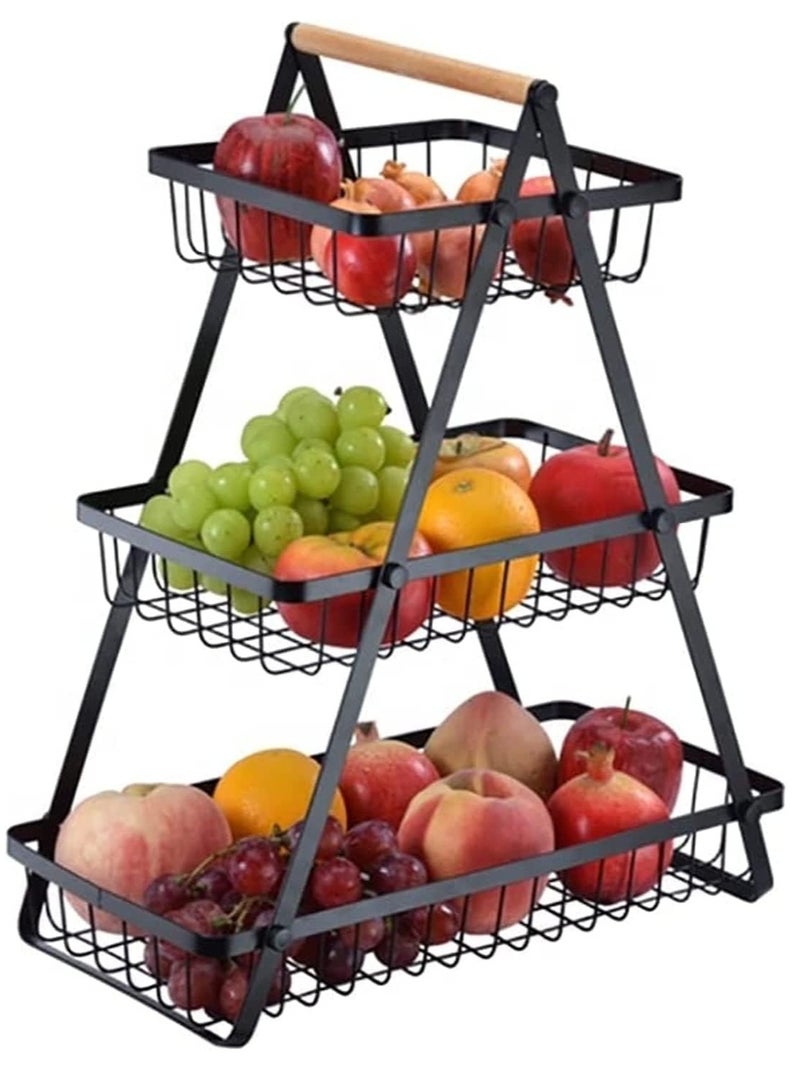 LIMOS 3-Tier Countertop Fruit & Vegetable Basket – Metal Storage Rack with Wooden Handle, Portable Bread & Snack Organizer Stand for Kitchen, Dining & Living Room (Black) - Image 3