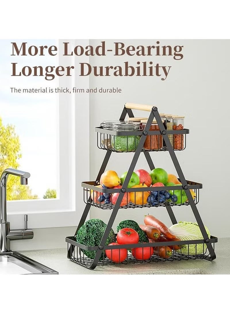 LIMOS 3-Tier Countertop Fruit & Vegetable Basket – Metal Storage Rack with Wooden Handle, Portable Bread & Snack Organizer Stand for Kitchen, Dining & Living Room (Black) - Image 5