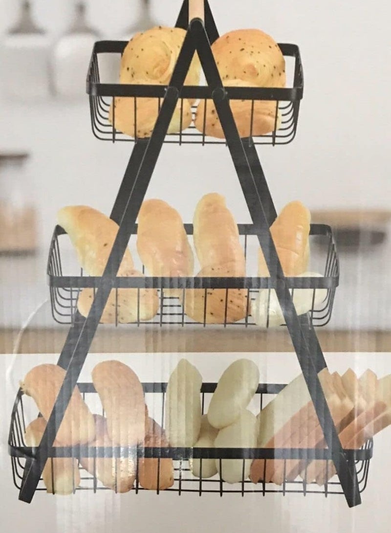 LIMOS 3-Tier Countertop Fruit & Vegetable Basket – Metal Storage Rack with Wooden Handle, Portable Bread & Snack Organizer Stand for Kitchen, Dining & Living Room (Black) - Image 4
