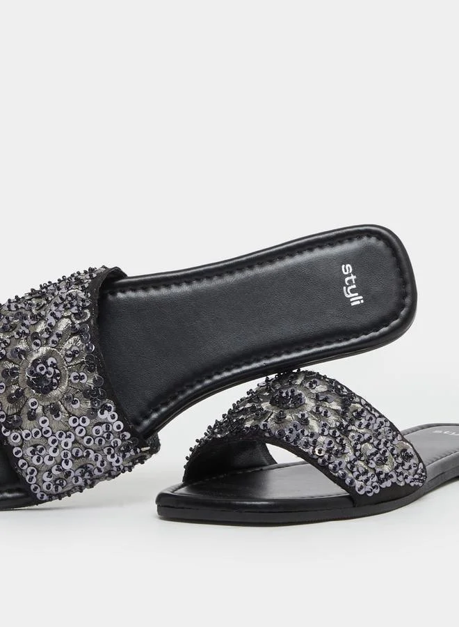 Styli Embellished Sequins Flat Sandals