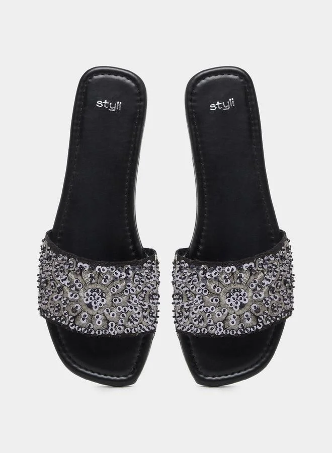 Styli Embellished Sequins Flat Sandals