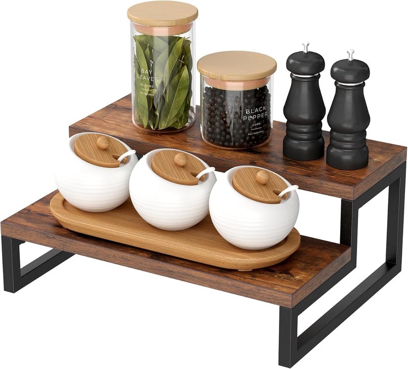 Yookeer Rustic Wood Spice Rack Shelf, kitchen organizer rack, kitchen rack stand, Kitchen Counter Organiser, 30 x 15 x 15 cm, Dark Brown, Free Standing, Countertop - Image 1