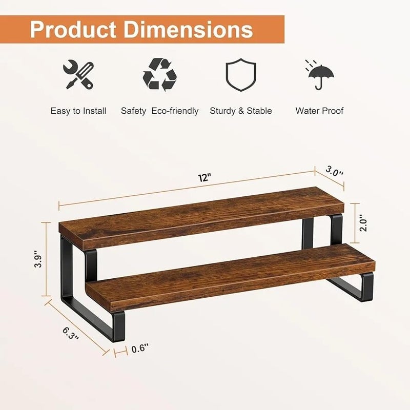 Yookeer Rustic Wood Spice Rack Shelf, kitchen organizer rack, kitchen rack stand, Kitchen Counter Organiser, 30 x 15 x 15 cm, Dark Brown, Free Standing, Countertop - Image 2