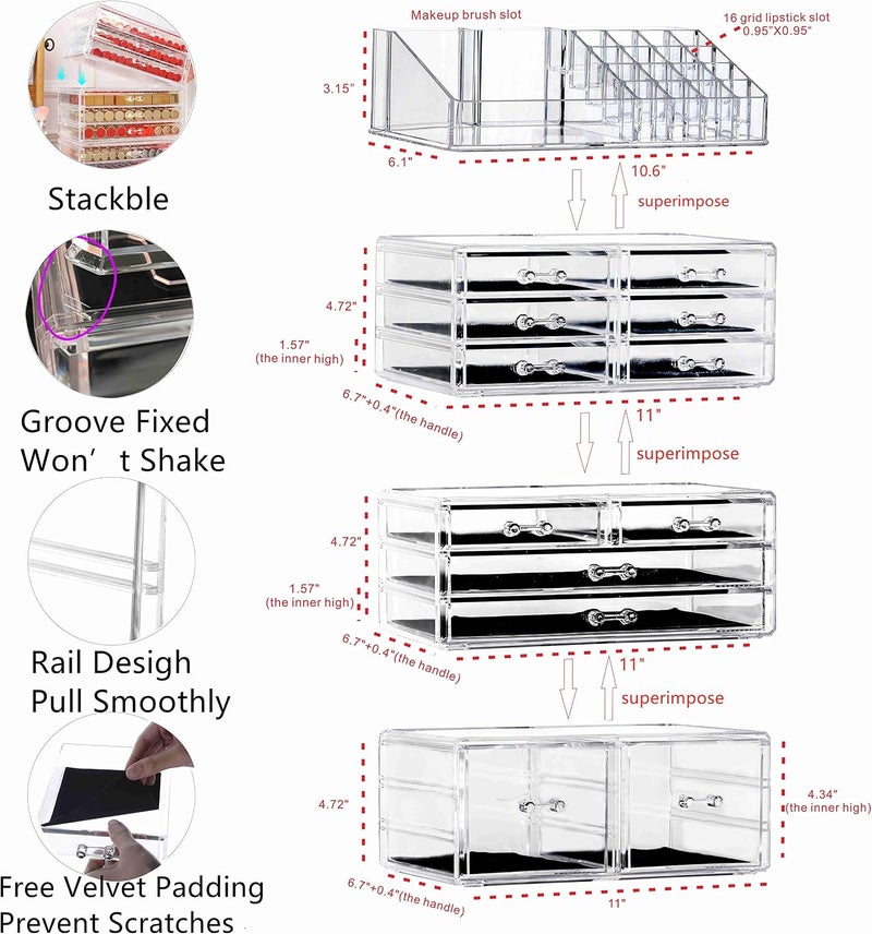سي كيو أكريليك منظم مكياج شفاف كبير جدًا، حاويات عرض مستحضرات التجميل والعناية بالبشرة، صندوق تخزين قابل للتكديس، مكعب حاوية مكياج بـ 12 درجًا، مجموعة من 4 قطع من Cq acrylic - Image 3