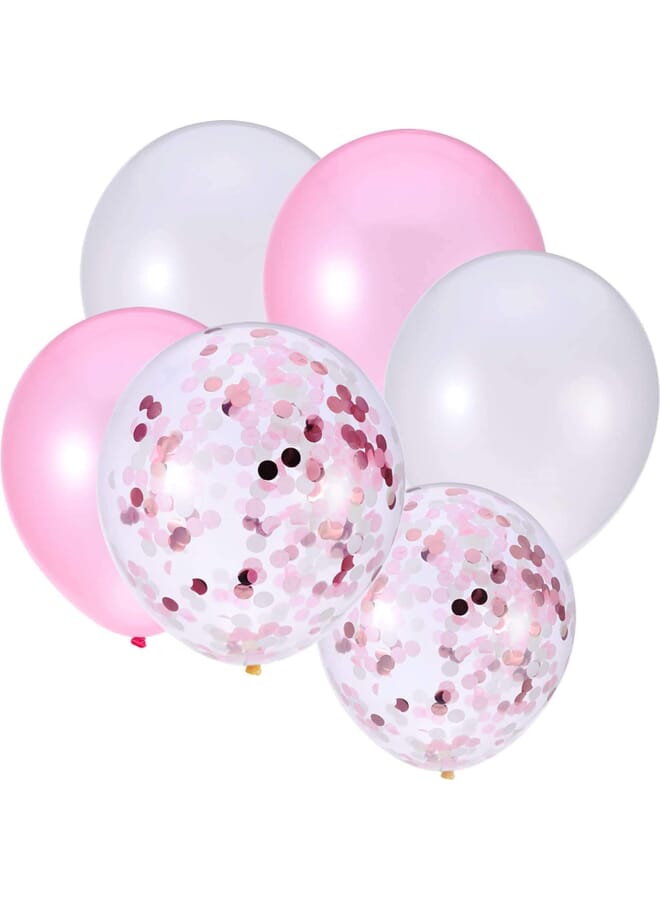 Party Time Set Of 12 Latex Confetti Balloons For Birthday Wedding Christening And Themed Party Decorations Pink & White Latex & Pink Confetti Balloons 12 Inches - Image 1