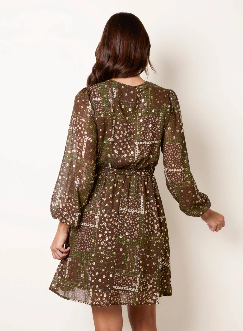 بلو فانيلا Patchwork Wrap Long Sleeve Dress