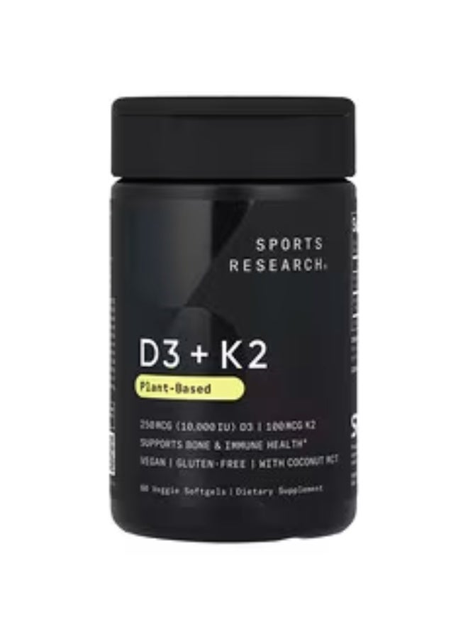 Sports Research, D3 + K2, Plant-Based, 250 mcg/100 mcg, 60 Veggie Softgels