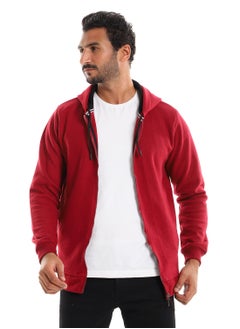 Hooded Ribbed Cuffs & Hem Maroon Zipper Sweatshirt