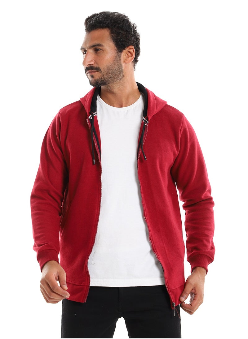 Andora - Hooded Ribbed Cuffs & Hem Maroon Zipper Sweatshirt - Image 1
