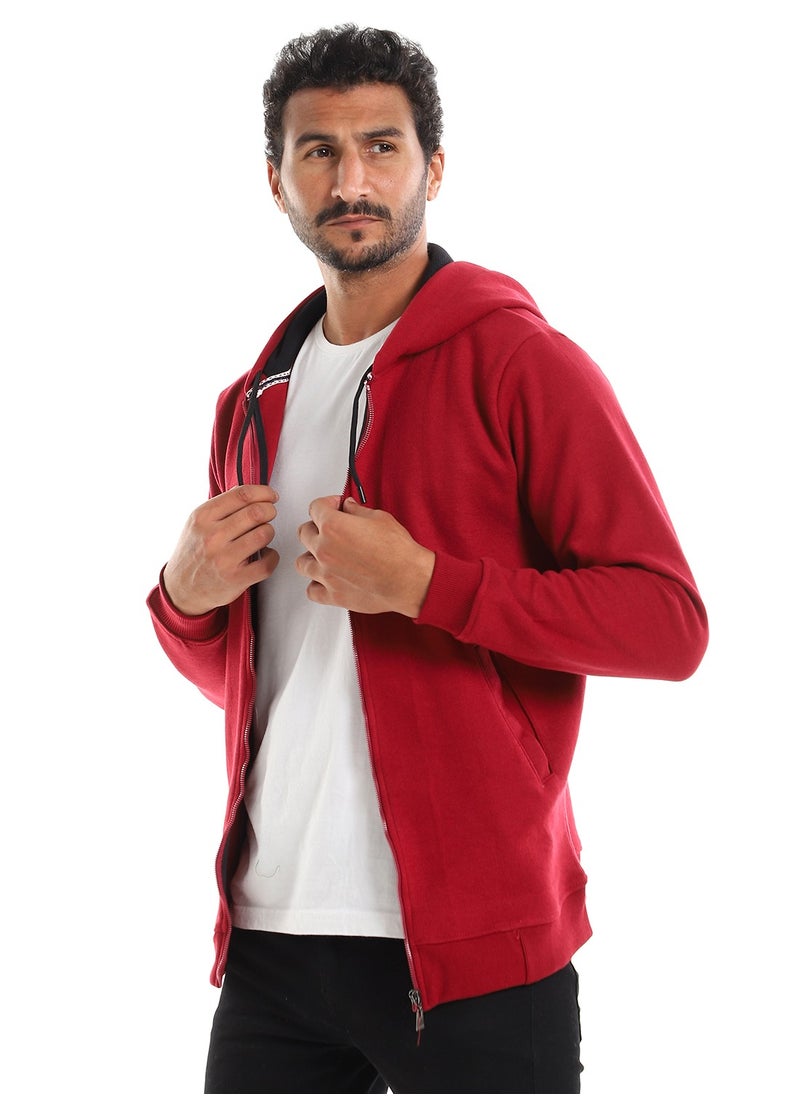 Andora - Hooded Ribbed Cuffs & Hem Maroon Zipper Sweatshirt - Image 1