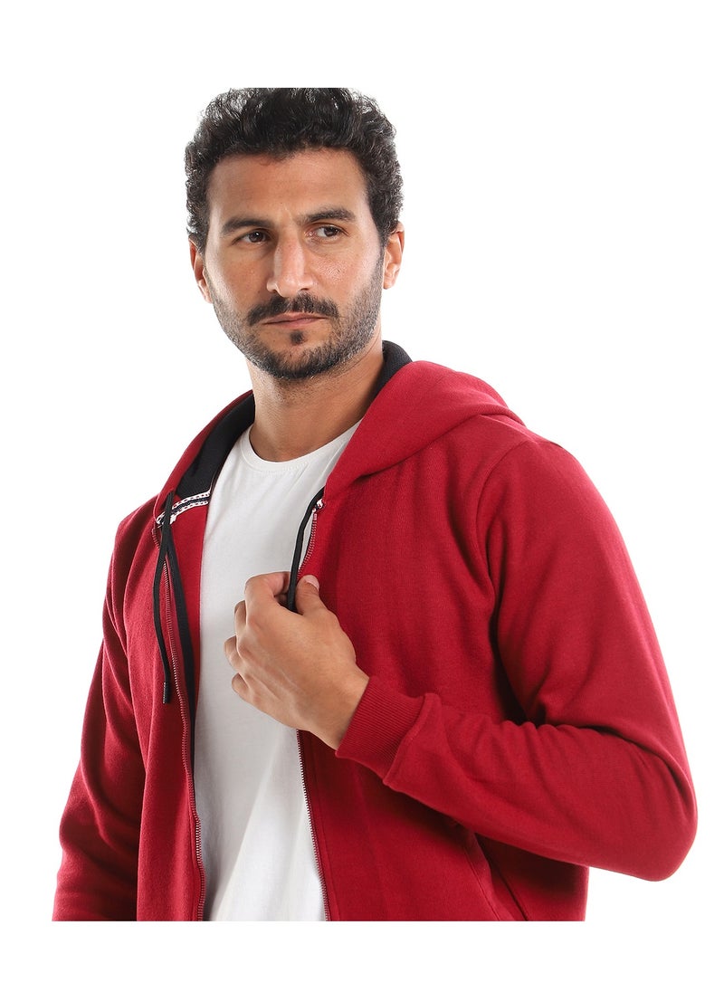 Andora - Hooded Ribbed Cuffs & Hem Maroon Zipper Sweatshirt - Image 1