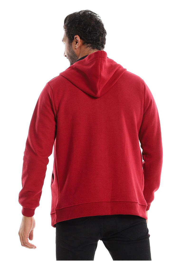Andora - Hooded Ribbed Cuffs & Hem Maroon Zipper Sweatshirt - Image 1