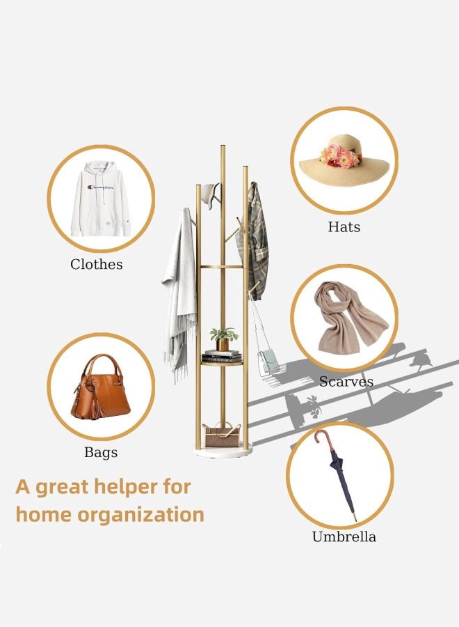 انسجام حامل معاطف قائم بذاته، شجرة معاطف حديثة مع 3 أرفف تخزين و9 خطافات، حامل معاطف معدني، حامل شجرة مع قاعدة رخامية للمدخل والممر وغرفة النوم - Image 2