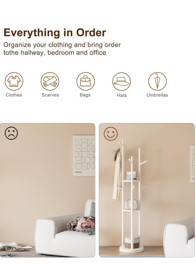 انسجام حامل معاطف قائم بذاته، شجرة معاطف حديثة مع 3 أرفف تخزين و9 خطافات، حامل معاطف معدني، حامل شجرة مع قاعدة رخامية للمدخل والممر وغرفة النوم - Image 3