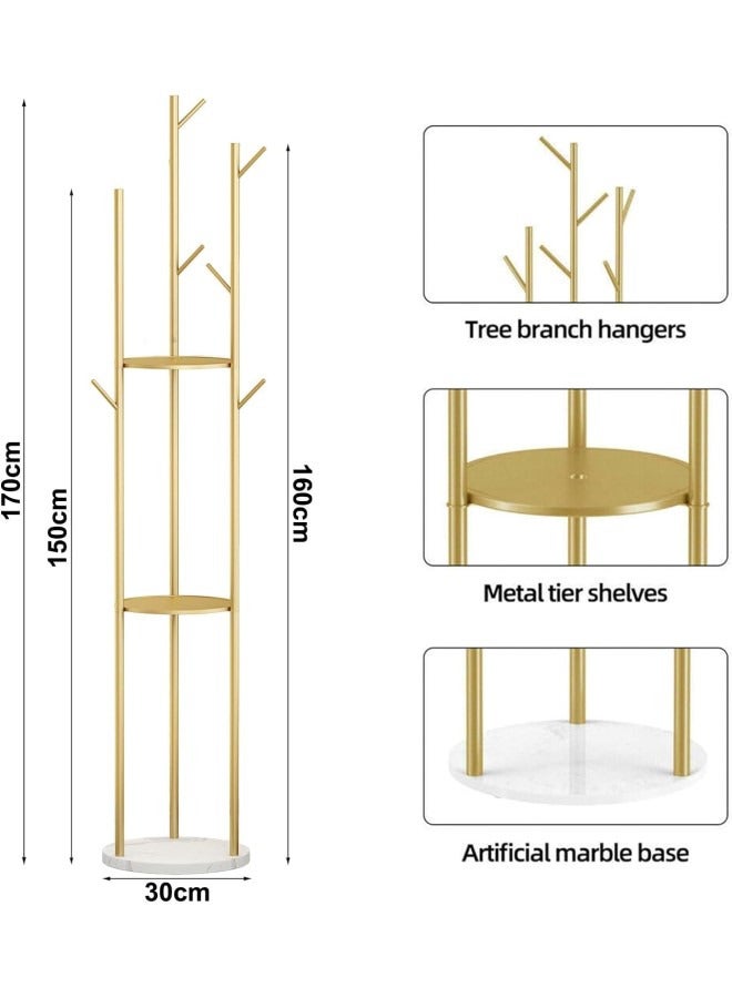 انسجام حامل معاطف قائم بذاته، شجرة معاطف حديثة مع 3 أرفف تخزين و9 خطافات، حامل معاطف معدني، حامل شجرة مع قاعدة رخامية للمدخل والممر وغرفة النوم - Image 4