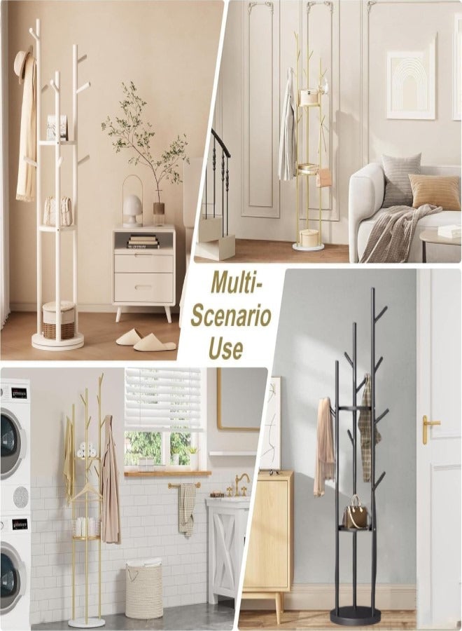 انسجام حامل معاطف قائم بذاته، شجرة معاطف حديثة مع 3 أرفف تخزين و9 خطافات، حامل معاطف معدني، حامل شجرة مع قاعدة رخامية للمدخل والممر وغرفة النوم - Image 5