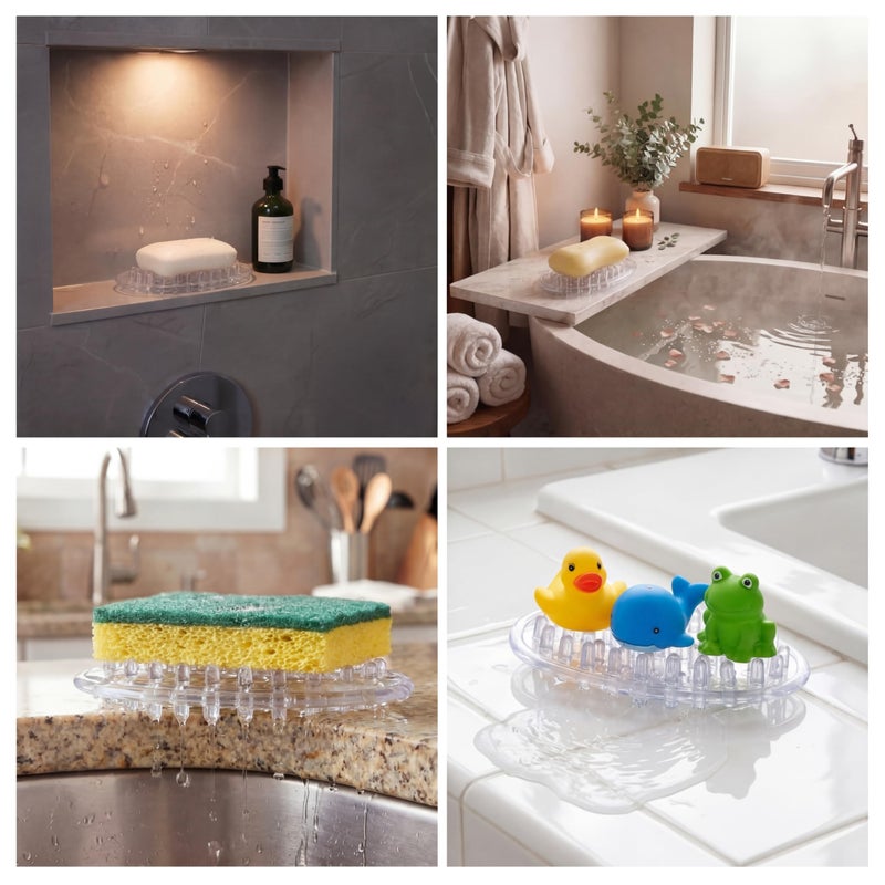 Yoande 2 Pcs Plastic Soap Holder Soap Dish Bar Saver Tray with Holes Sponge Holder for Kitchen Bathroom Shower Counter, 4.5 x 3 x 0.7 Inches (Clear) - Image 5