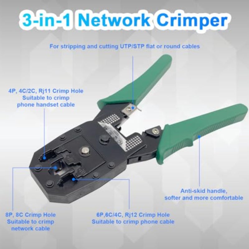 مجموعة أدوات تجعيد RJ11/RJ12/RJ45/CAT5/CAT6/Cat5e، أداة إصلاح شبكة كابل الشبكة المحلية لصيانة الكمبيوتر الاحترافية، أداة تجعيد الكابلات المحمولة، أداة تعرية الأسلاك، 50 قطعة من حقيبة تعبئة الرأس الكريستالية - Image 2
