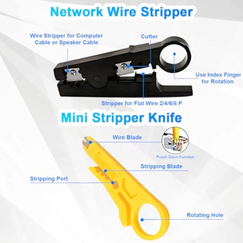 مجموعة أدوات تجعيد RJ11/RJ12/RJ45/CAT5/CAT6/Cat5e، أداة إصلاح شبكة كابل الشبكة المحلية لصيانة الكمبيوتر الاحترافية، أداة تجعيد الكابلات المحمولة، أداة تعرية الأسلاك، 50 قطعة من حقيبة تعبئة الرأس الكريستالية - Image 5