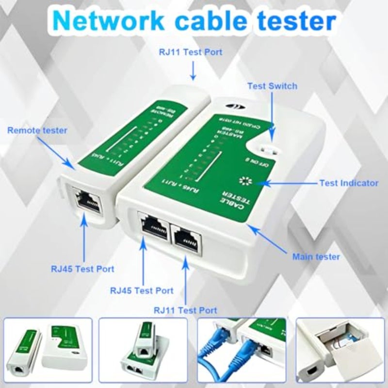 مجموعة أدوات تجعيد RJ11/RJ12/RJ45/CAT5/CAT6/Cat5e، أداة إصلاح شبكة كابل الشبكة المحلية لصيانة الكمبيوتر الاحترافية، أداة تجعيد الكابلات المحمولة، أداة تعرية الأسلاك، 50 قطعة من حقيبة تعبئة الرأس الكريستالية - Image 3