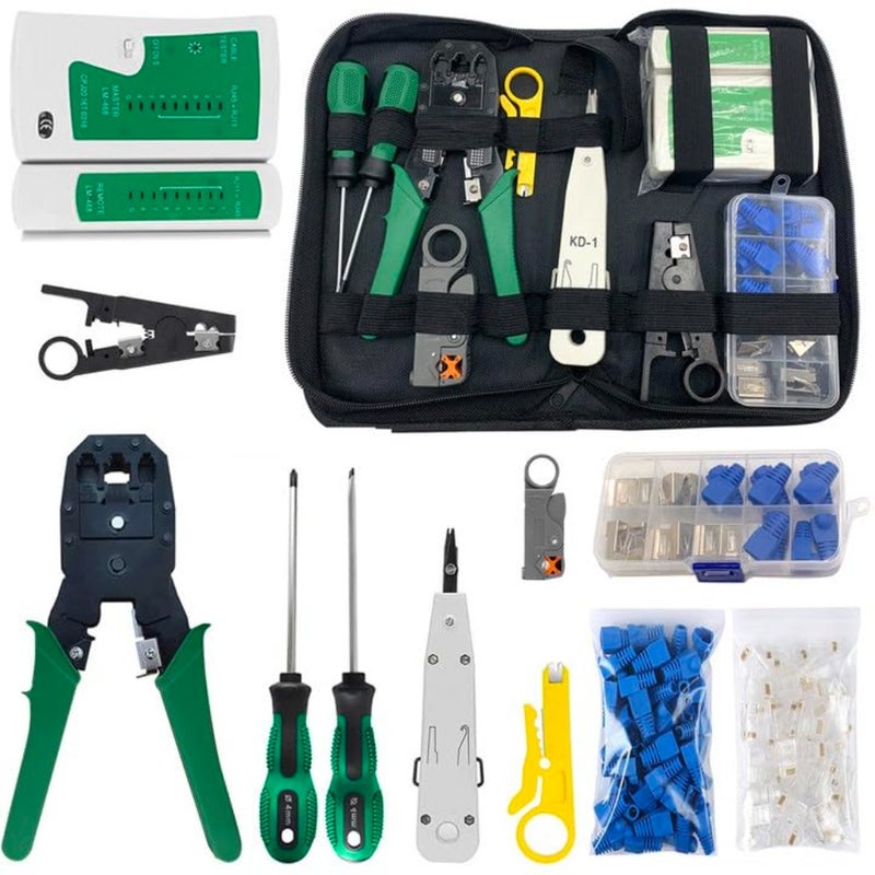 مجموعة أدوات تجعيد RJ11/RJ12/RJ45/CAT5/CAT6/Cat5e، أداة إصلاح شبكة كابل الشبكة المحلية لصيانة الكمبيوتر الاحترافية، أداة تجعيد الكابلات المحمولة، أداة تعرية الأسلاك، 50 قطعة من حقيبة تعبئة الرأس الكريستالية - Image 1