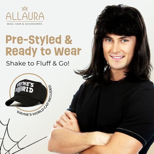 ALLAURA Compatible with Wayne’s World Wig and Hat – Black Mullet Wig with Wayne’s Cap for Men – 80s Rocker Costume, Heavy Metal Look, 1980s Party Outfit, Funny Halloween or Couples Costume Accessory - Image 3