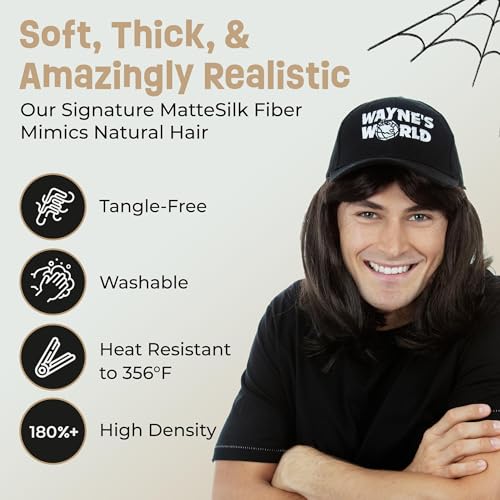 ALLAURA Compatible with Wayne’s World Wig and Hat – Black Mullet Wig with Wayne’s Cap for Men – 80s Rocker Costume, Heavy Metal Look, 1980s Party Outfit, Funny Halloween or Couples Costume Accessory - Image 4