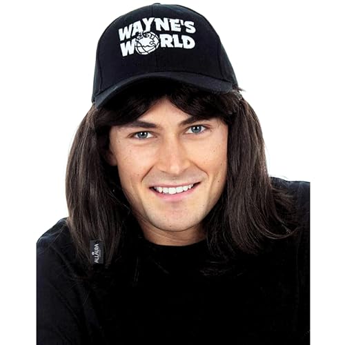 ALLAURA Compatible with Wayne’s World Wig and Hat – Black Mullet Wig with Wayne’s Cap for Men – 80s Rocker Costume, Heavy Metal Look, 1980s Party Outfit, Funny Halloween or Couples Costume Accessory - Image 1