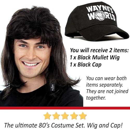 ALLAURA Compatible with Wayne’s World Wig and Hat – Black Mullet Wig with Wayne’s Cap for Men – 80s Rocker Costume, Heavy Metal Look, 1980s Party Outfit, Funny Halloween or Couples Costume Accessory - Image 2