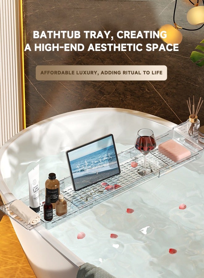 Bathtub storage rack, adjustable/extendable organizer, high-quality plastic tray. Extendable range: 50-80 cm, fits bathtubs of various sizes.Adjustable Bathtub Tray, Non-Slip Bathroom Storage Shelf, Multi-Function Holder for Phones, Tablets, and Bath Essentials  - Image 1