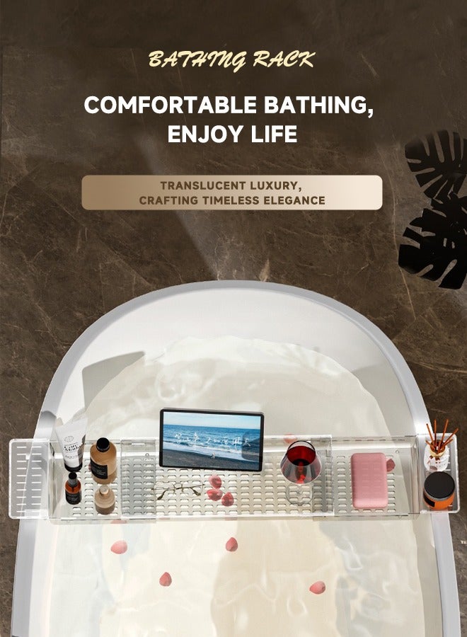 Bathtub storage rack, adjustable/extendable organizer, high-quality plastic tray. Extendable range: 50-80 cm, fits bathtubs of various sizes.Adjustable Bathtub Tray, Non-Slip Bathroom Storage Shelf, Multi-Function Holder for Phones, Tablets, and Bath Essentials  - Image 2