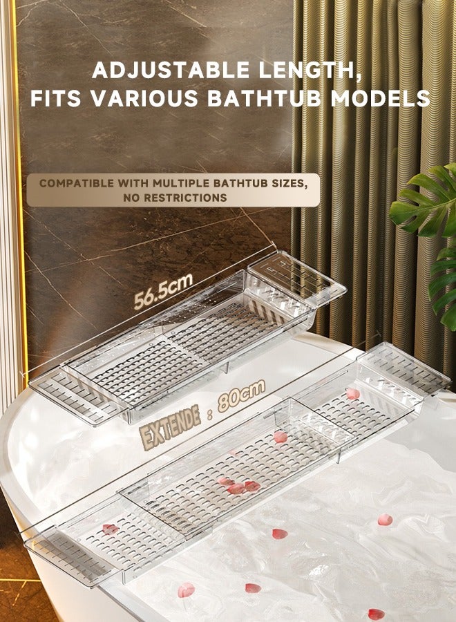 Bathtub storage rack, adjustable/extendable organizer, high-quality plastic tray. Extendable range: 50-80 cm, fits bathtubs of various sizes.Adjustable Bathtub Tray, Non-Slip Bathroom Storage Shelf, Multi-Function Holder for Phones, Tablets, and Bath Essentials  - Image 3