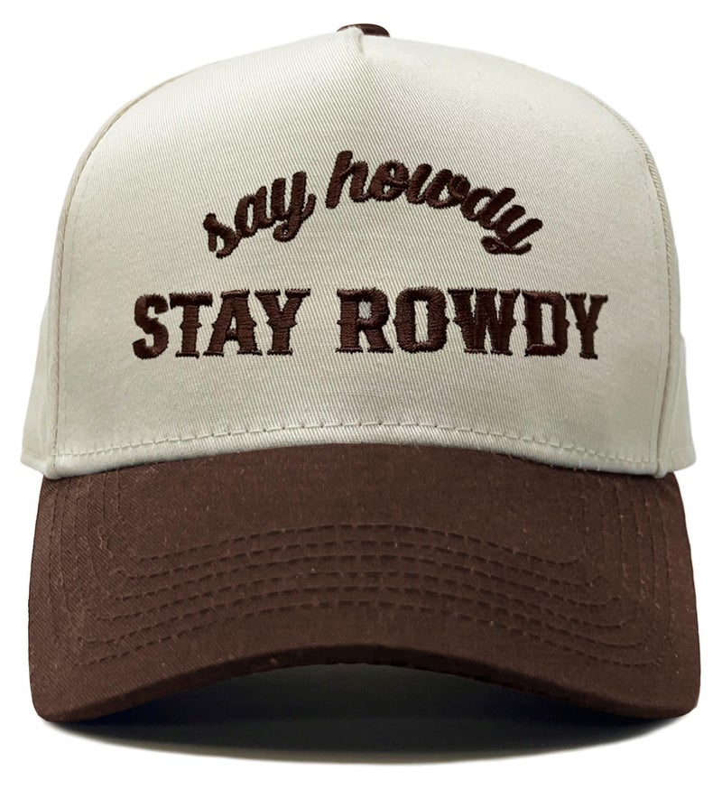 Funky Junque Say Howdy Stay Rowdy Funny Trucker Hat for Women, Embroidered Snapback Cap Adjustable - Say Howdy Stay Rowdy - Brown/Beige - Image 1