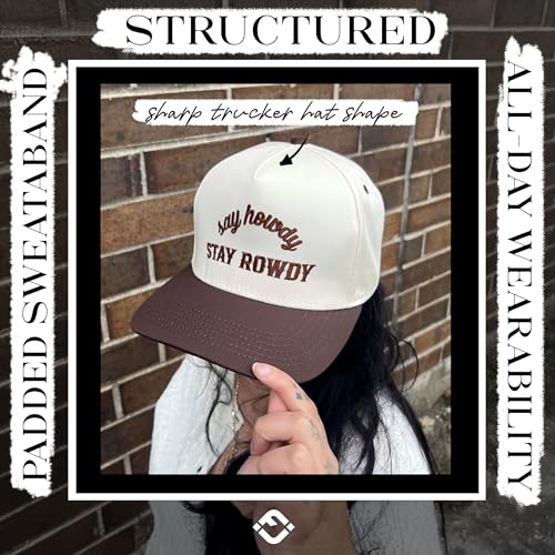 Funky Junque Say Howdy Stay Rowdy Funny Trucker Hat for Women, Embroidered Snapback Cap Adjustable - Say Howdy Stay Rowdy - Brown/Beige - Image 5
