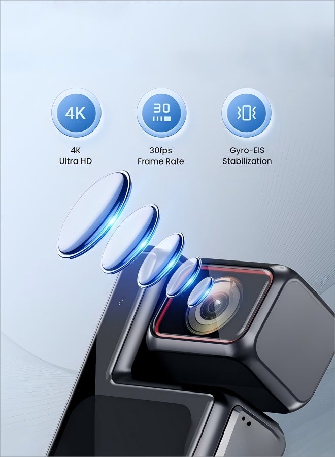 SahlTech 4K Pocket Vlogging Camera | 1.69-Inch CMOS Sensor & 4K/120fps Video | 6-Axis Stabilization & IP65 Waterproof | 3000mAh（1500AH+1500AH) Battery & Rotatable Touchscreen | For YouTube & Photography - Image 3