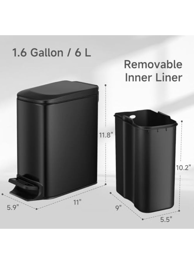 Ultra-Slim 6L/1.6 Gallon Stainless Steel Pedal Trash Can with Soft-Close Lid, Matte  Black - Image 3