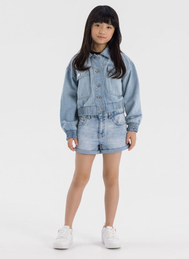 Girls Classic Button-Up Denim Jacket with Elastic Hem