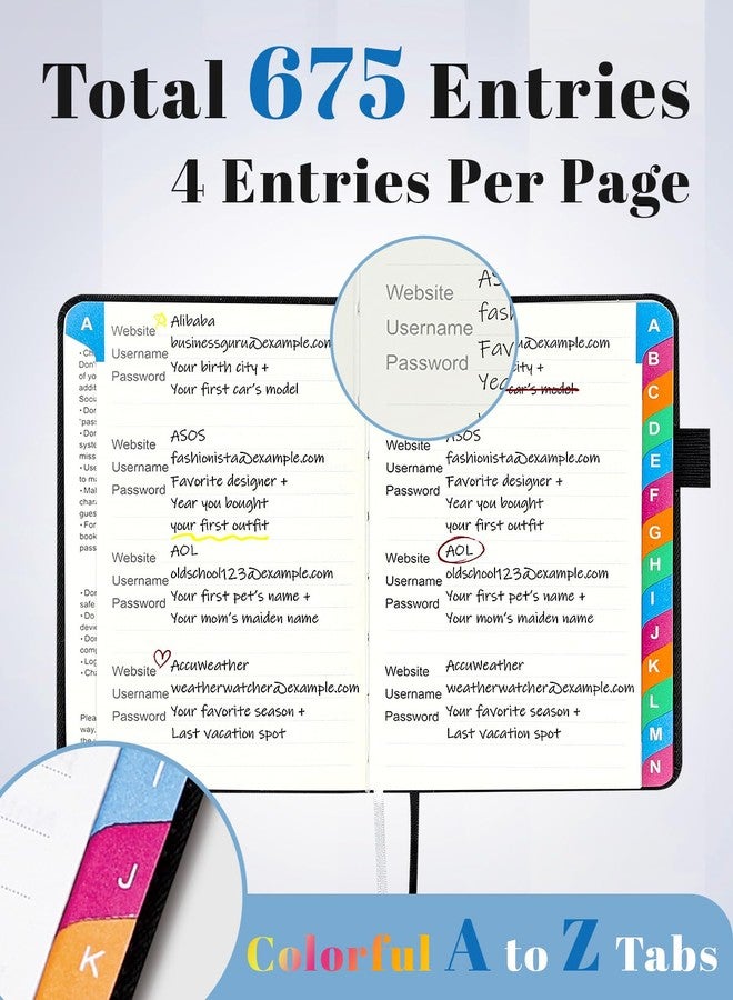 hi!SCI Password Keeper Book with Colorful Alphabetical Tabs, Hardcover Password Log-book for Internet Password and Website Address, 4.1'' x 6.2'' Password Notebook for Home Office (Royal Purple, Small - Image 3