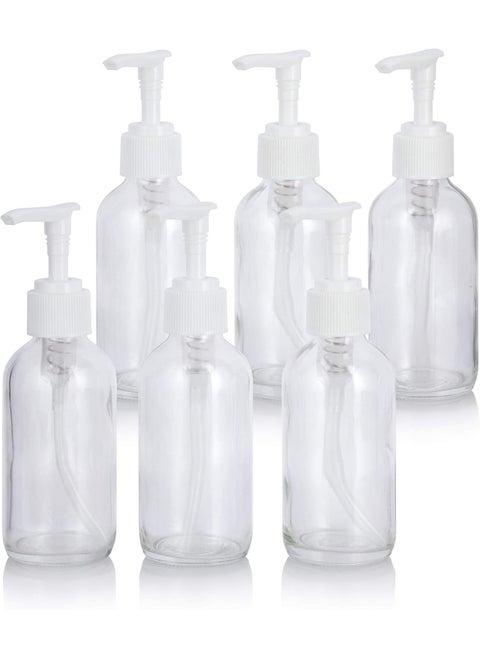 4 oz / 120 ml Clear Glass Boston Round Bottle with White Lotion Pump (6 Pack) BPA Free Refillable Empty Storage Containers