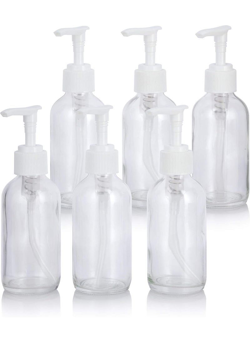 JUVITUS 4 oz / 120 ml Clear Glass Boston Round Bottle with White Lotion Pump (6 Pack) BPA Free Refillable Empty Storage Containers 