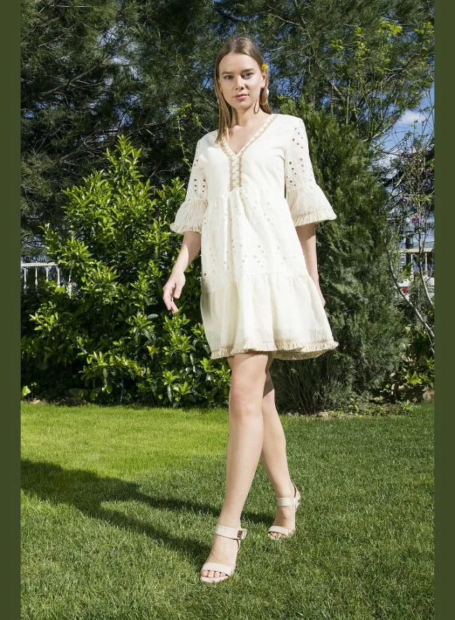 Lela Lela Cotton Flounce Guipure Detailed Scalloped Mini Dress Women's DRESS 6531617